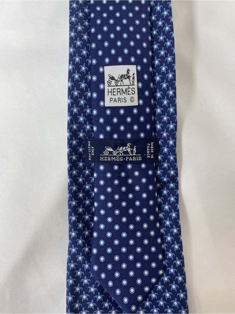 Hermes 100% Silk Navy Blue Tie Turtle “Tortue Pois” Pattern 625811 IA